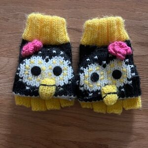 Girls Penguin Flip Top  Knit Gloves One Size